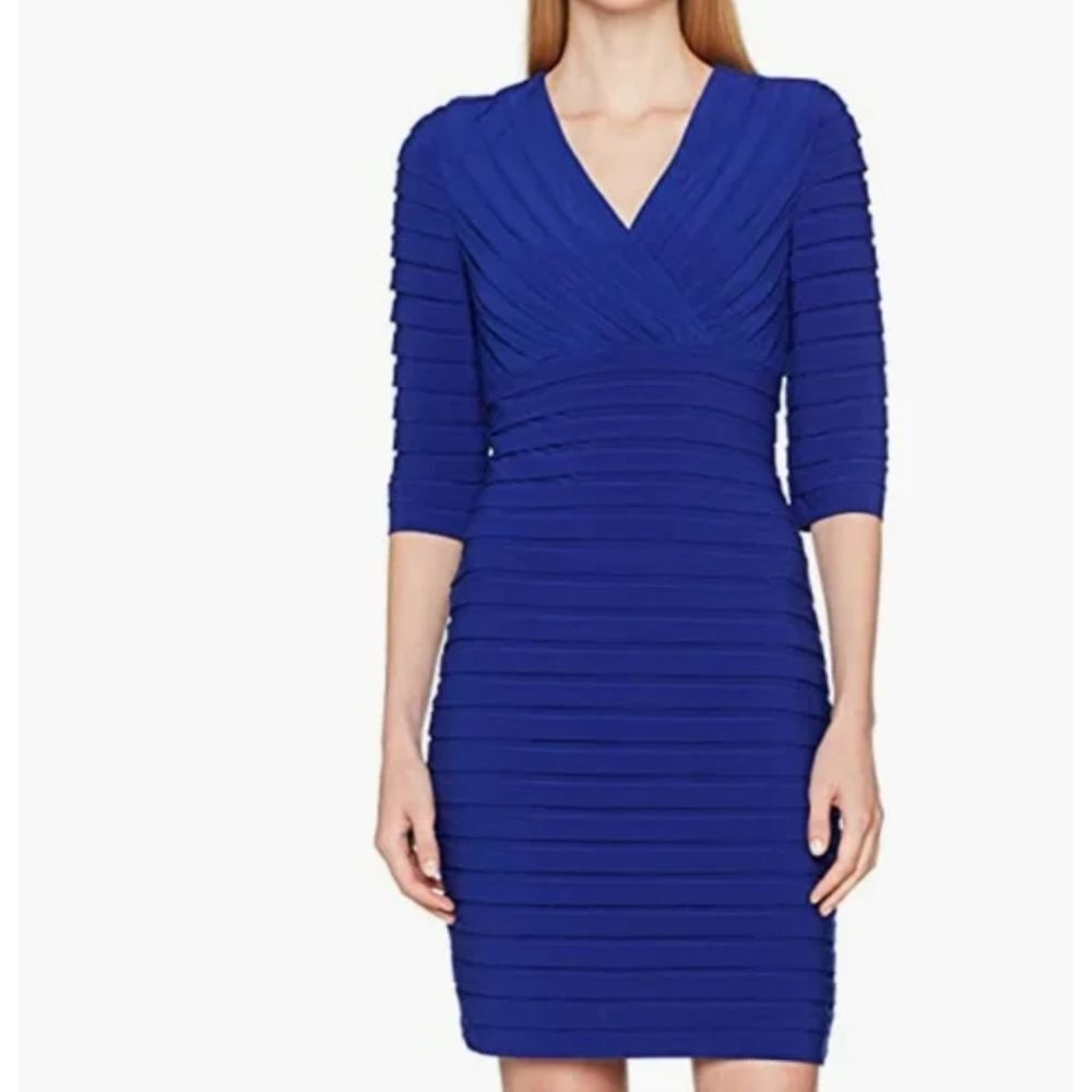 Adrianna Papell Royal Blue Ruched Long Sleeve V-Neck Sheath Dress